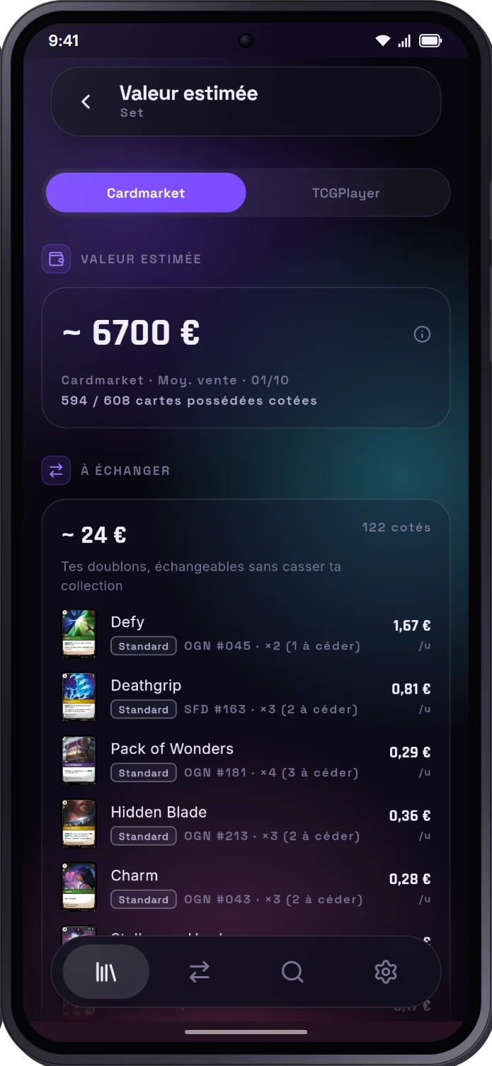 Valeur estimée d'une collection Riftbound et de ses doublons, prix Cardmarket